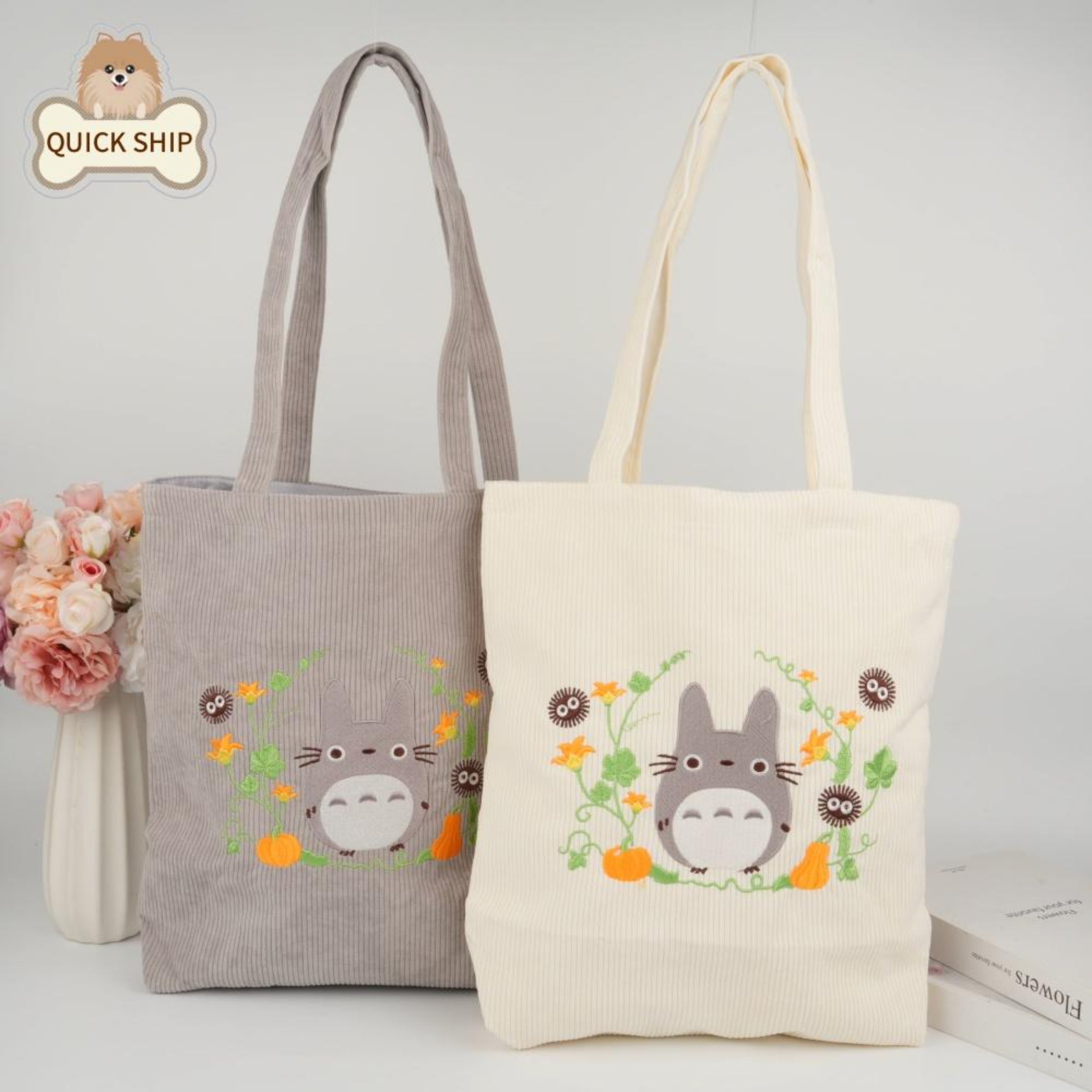 Embroidery Totoro Kiki Tote,Corduroy Bag Aesthetic