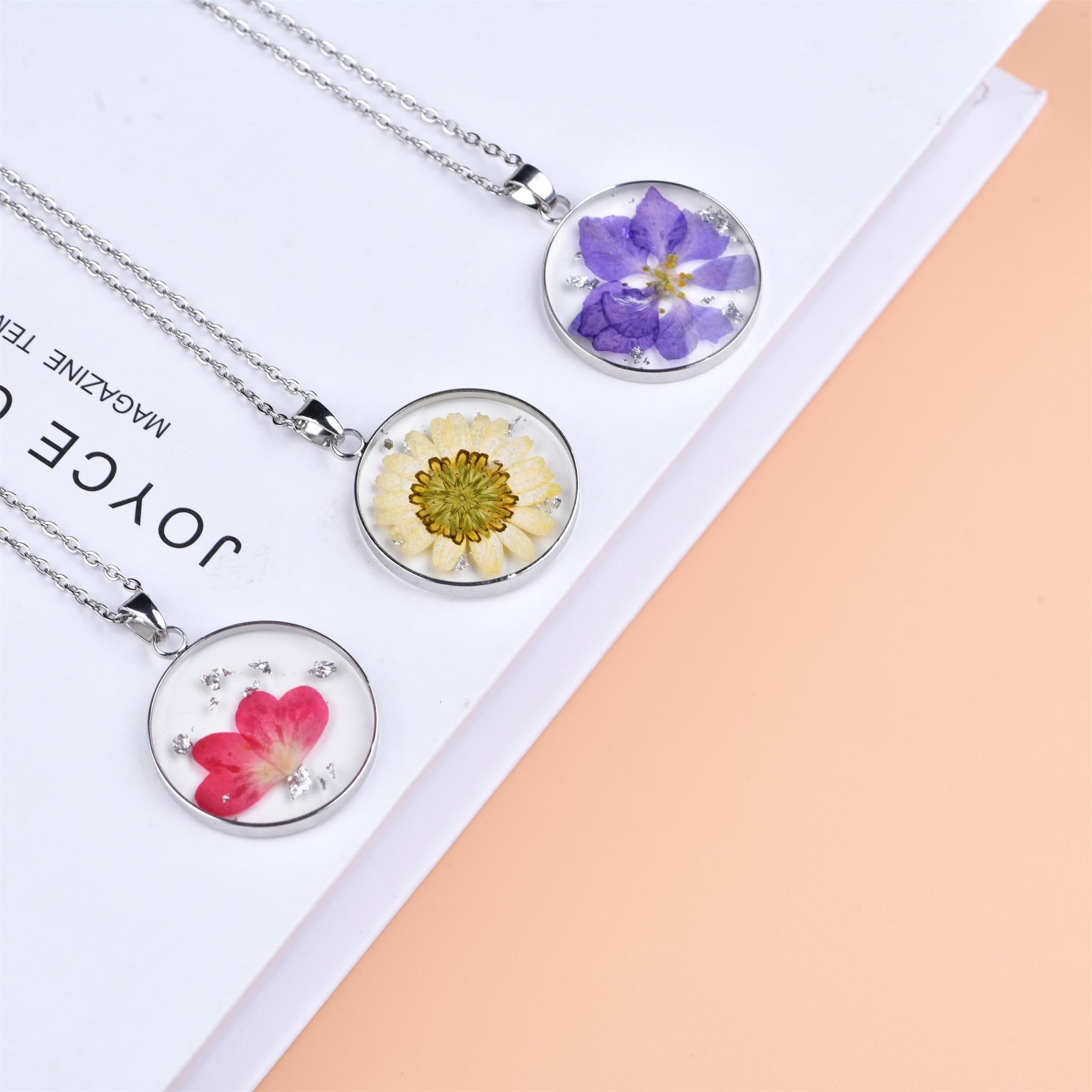 Silver Birth Month Flower Necklace,Real Dried Flower Round Necklace