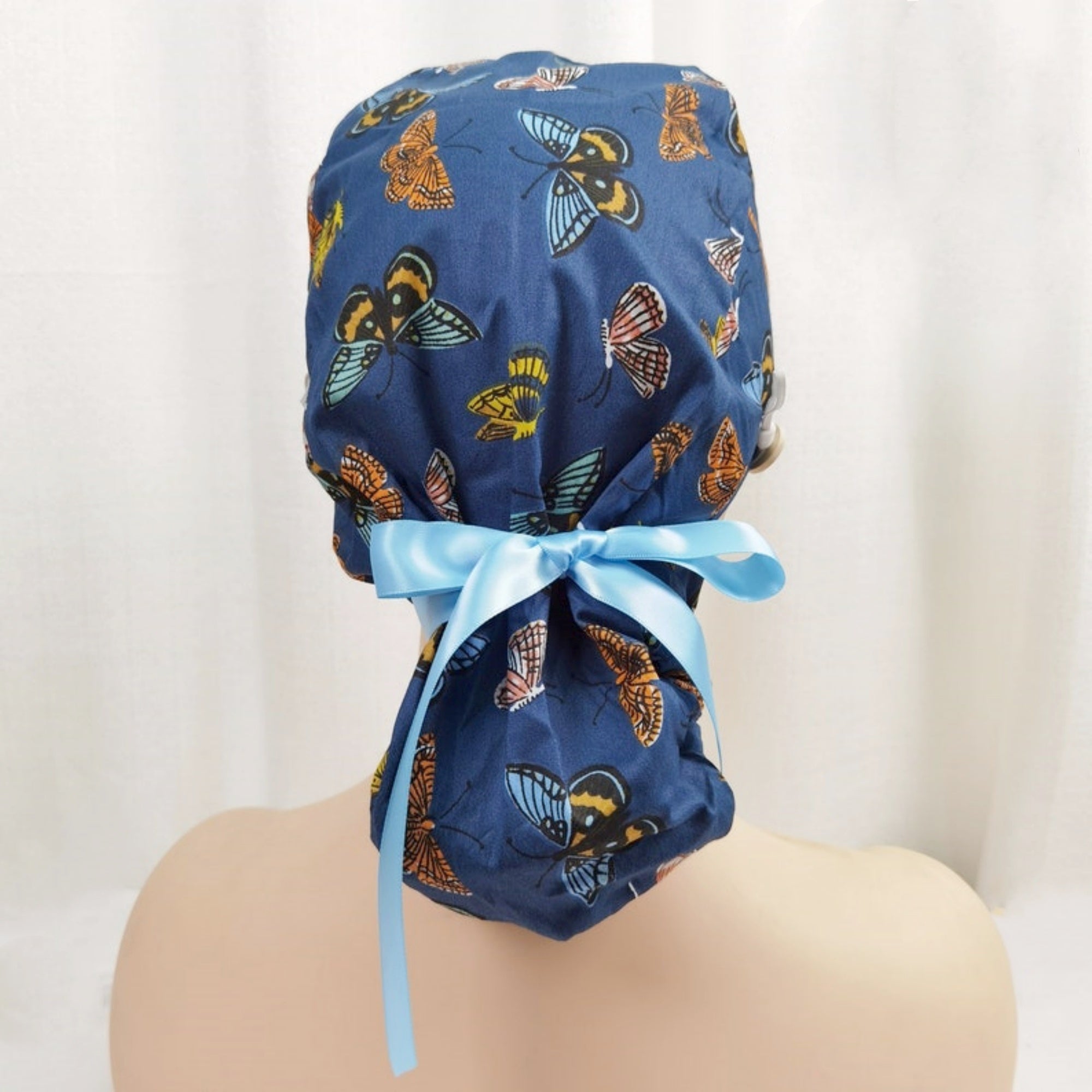 Navy Butterfly Ponytail Scrub Cap,Handmade Cotton Medical Cap