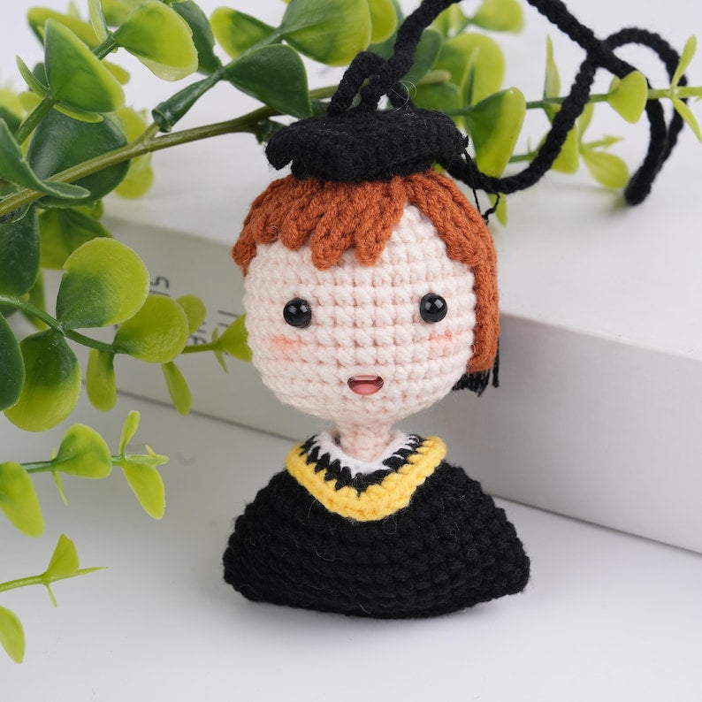 Handmade Crochet Graduation Doll,Brown/Black/Yellow Hair Doll,Gifts for Friends