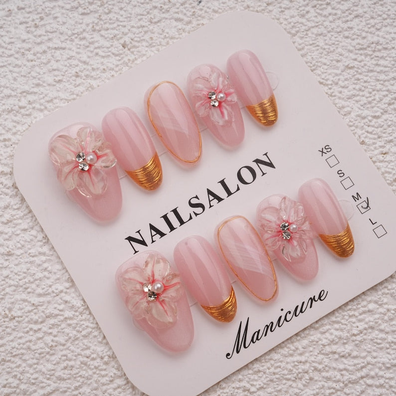 Pink Orchid Elegant Press On Nails with 3D Floral Accents,Golden Details & Pearl Jewelry Charms