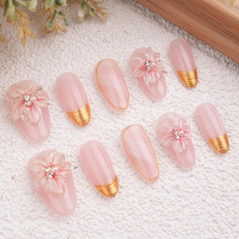 Pink Orchid Elegant Press On Nails with 3D Floral Accents,Golden Details & Pearl Jewelry Charms
