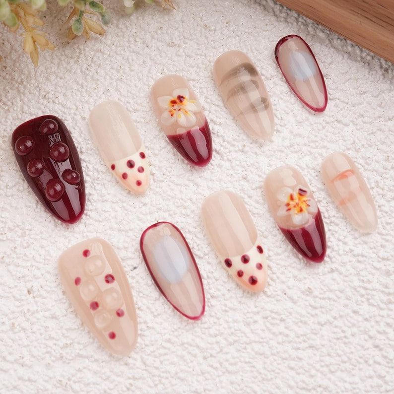 White French Floral Almond Press On Nails,Handmade Nail for Holiday, Vacation, Birthday
