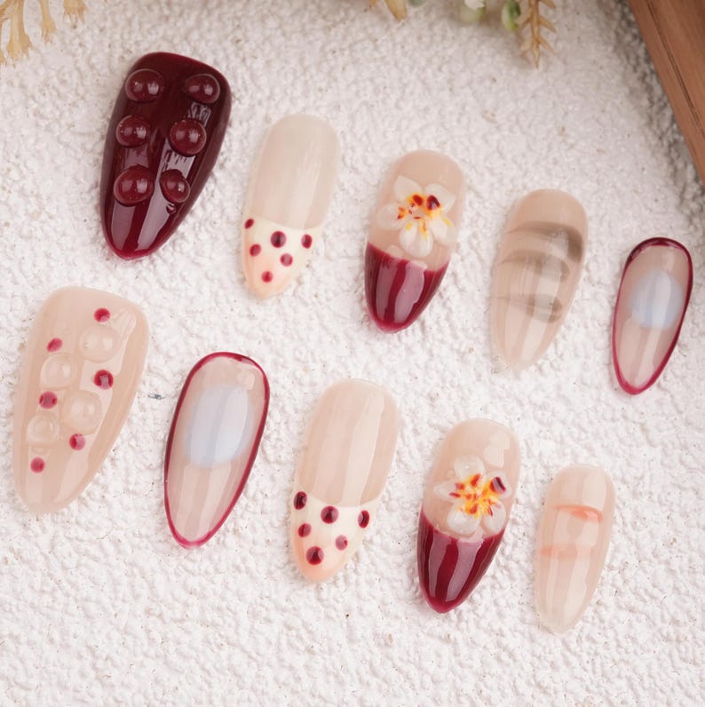 White French Floral Almond Press On Nails,Handmade Nail for Holiday, Vacation, Birthday
