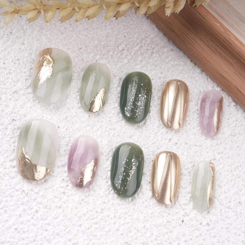 Green & Purple Marble Watercolour Smudge Almond Press on Nails,Vivid Gold Charms