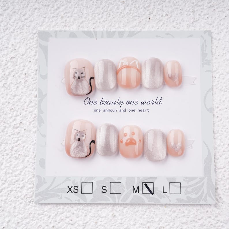 Popular Cats Hand Paint Press on Nails,Cute Trendy Nails,Reusable Nails,Kawaii Short Coffin Nails
