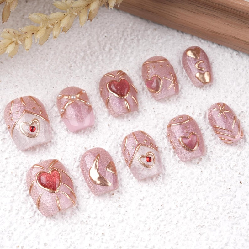 Pink Elegance Press On Nails,Gold Details,Star&Moon, Suitable for Wedding,Events or Gift