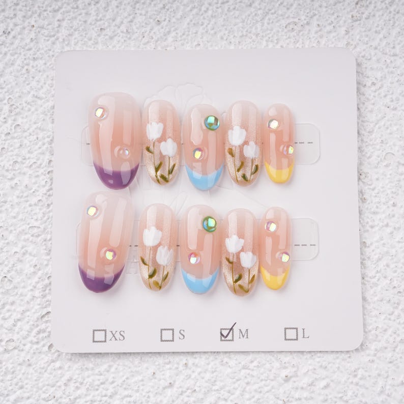 French Tip Tulip Floral Press on Nails,Almond Spring Flowers Nails,Blush Bloom Elegant Glue On Nails