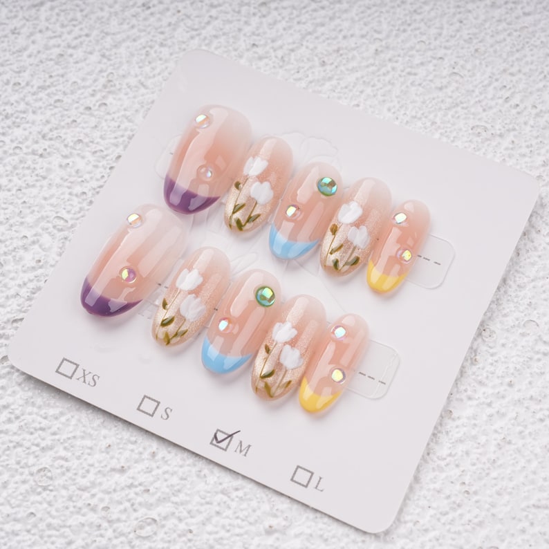 French Tip Tulip Floral Press on Nails,Almond Spring Flowers Nails,Blush Bloom Elegant Glue On Nails