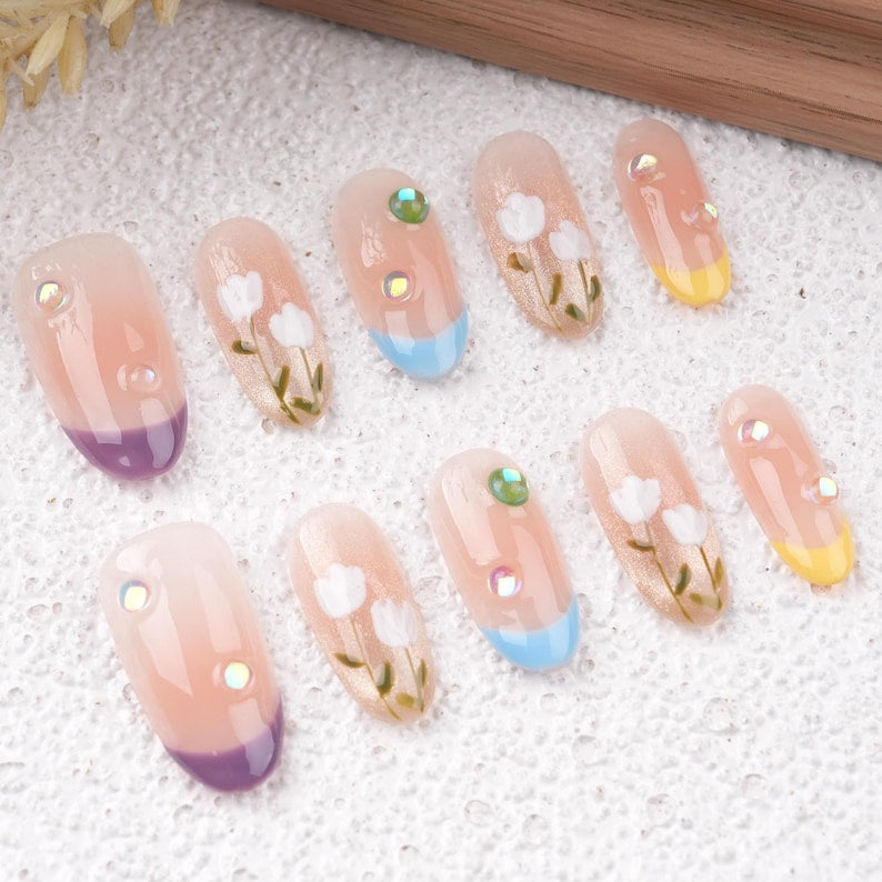 French Tip Tulip Floral Press on Nails,Almond Spring Flowers Nails,Blush Bloom Elegant Glue On Nails