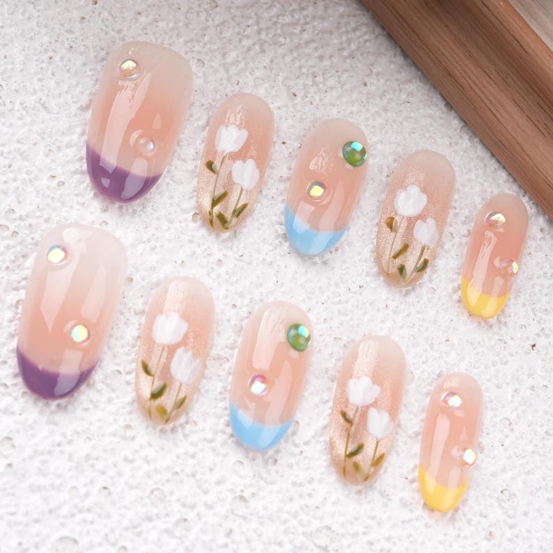 French Tip Tulip Floral Press on Nails,Almond Spring Flowers Nails,Blush Bloom Elegant Glue On Nails