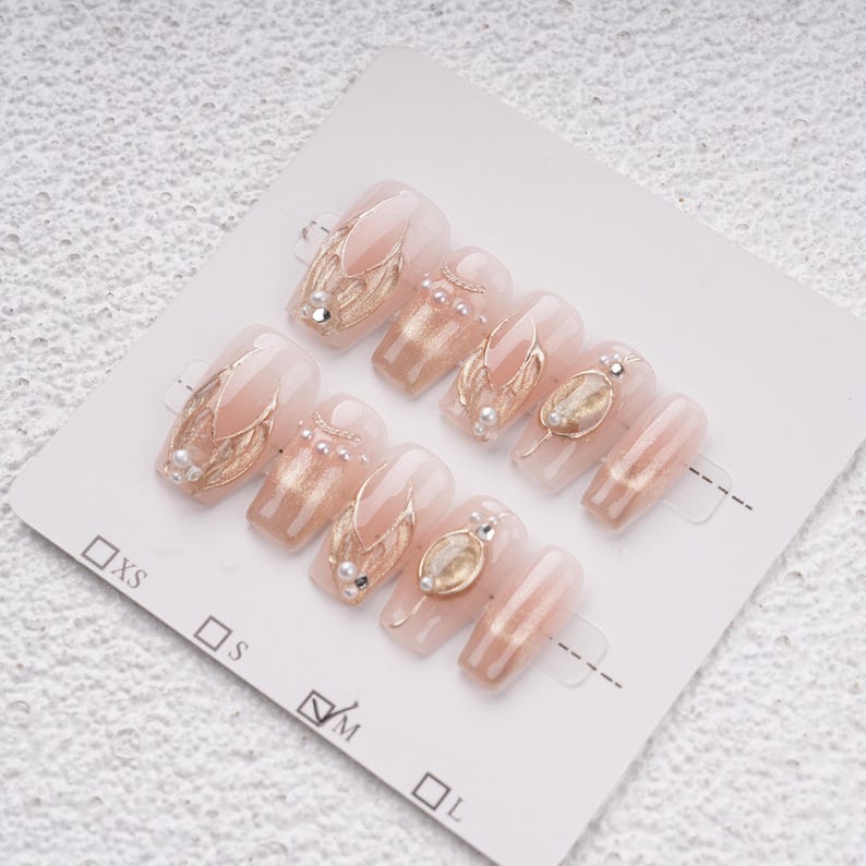 Pearl & Gold Accent Nails Set,Elegant Bridal Nails,Short Coffin Nails,Trendy Elegant Classy Prom Nail