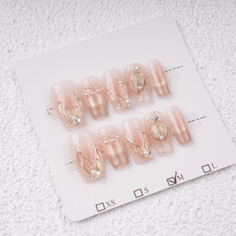 Pearl & Gold Accent Nails Set,Elegant Bridal Nails,Short Coffin Nails,Trendy Elegant Classy Prom Nail