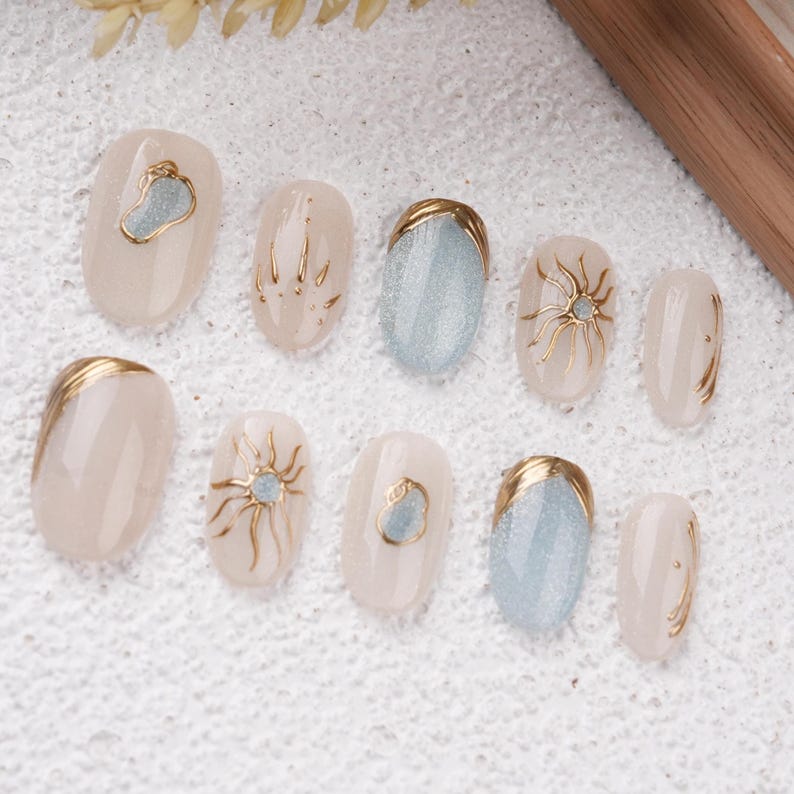 Handpainted Metal Glitter Sun Flowers Almond Press on nails