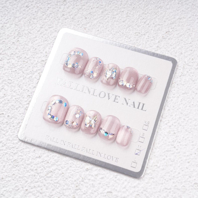 Dreamy Purple Butterfly Short Nails Set,Handmade Glitter Moon,Silver Chrams