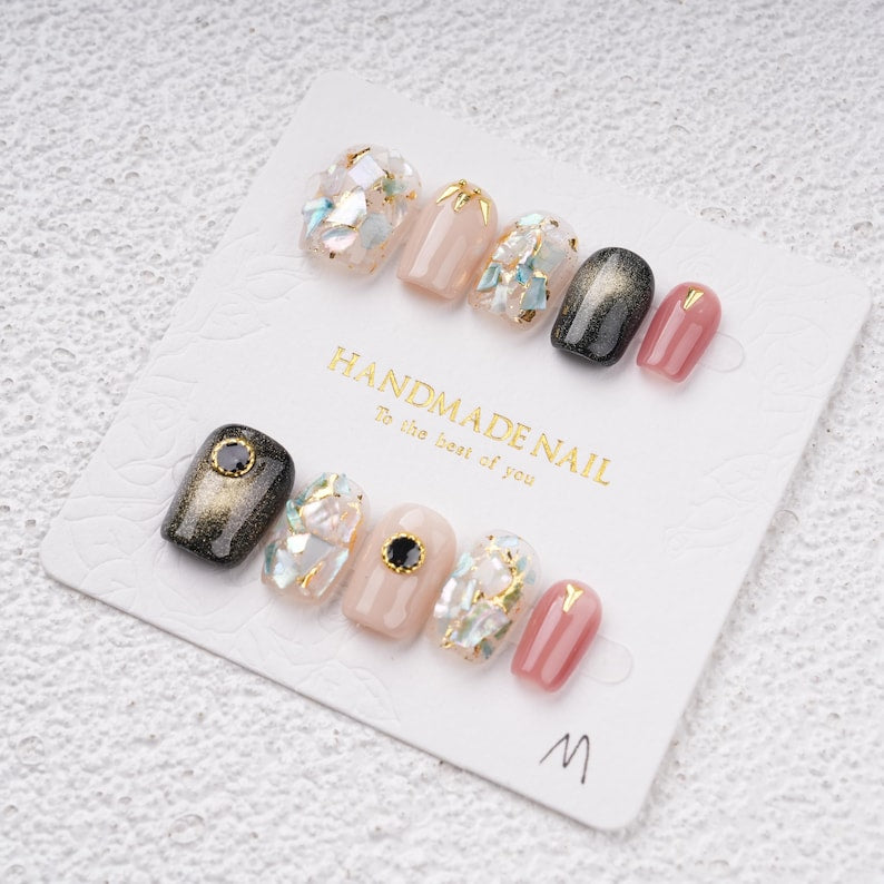 Vintage Black Cat Eye Short Press on Nails,Gold Details & Diamond Charms