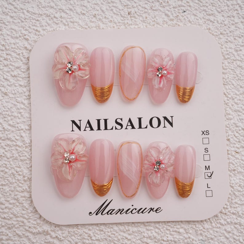 Pink Orchid Elegant Press On Nails with 3D Floral Accents,Golden Details & Pearl Jewelry Charms