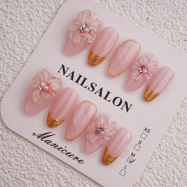 Pink Orchid Elegant Press On Nails with 3D Floral Accents,Golden Details & Pearl Jewelry Charms