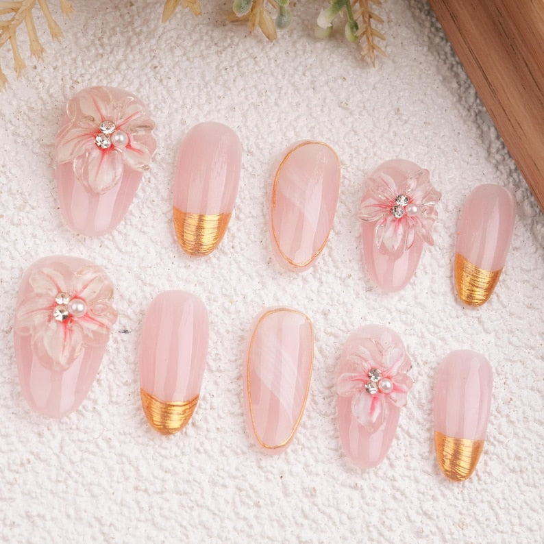 Pink Orchid Elegant Press On Nails with 3D Floral Accents,Golden Details & Pearl Jewelry Charms