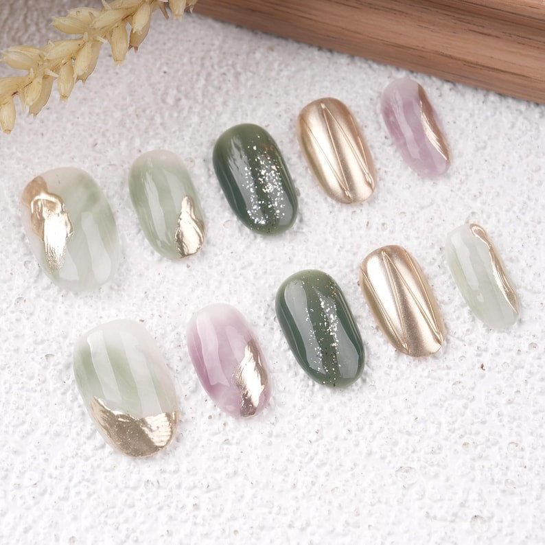Green & Purple Marble Watercolour Smudge Almond Press on Nails,Vivid Gold Charms