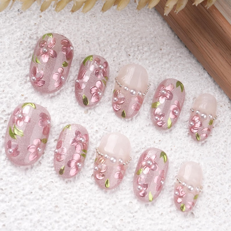 Delicate Purple Pearl Flowers Summer Short Oval Press On Nails,Artist Faux Nails, Reusable Premium Nail