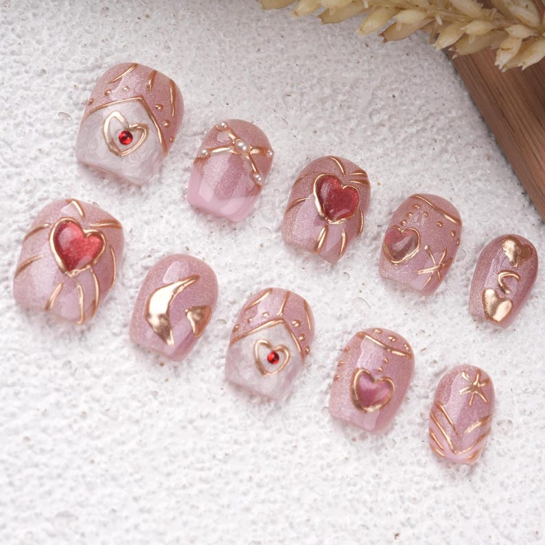 Pink Elegance Press On Nails,Gold Details,Star&Moon, Suitable for Wedding,Events or Gift