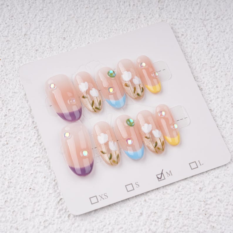 French Tip Tulip Floral Press on Nails,Almond Spring Flowers Nails,Blush Bloom Elegant Glue On Nails
