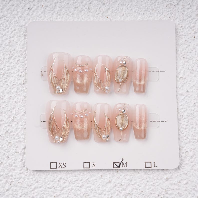 Pearl & Gold Accent Nails Set,Elegant Bridal Nails,Short Coffin Nails,Trendy Elegant Classy Prom Nail