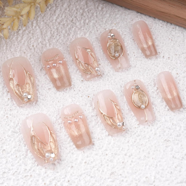 Pearl & Gold Accent Nails Set,Elegant Bridal Nails,Short Coffin Nails,Trendy Elegant Classy Prom Nail