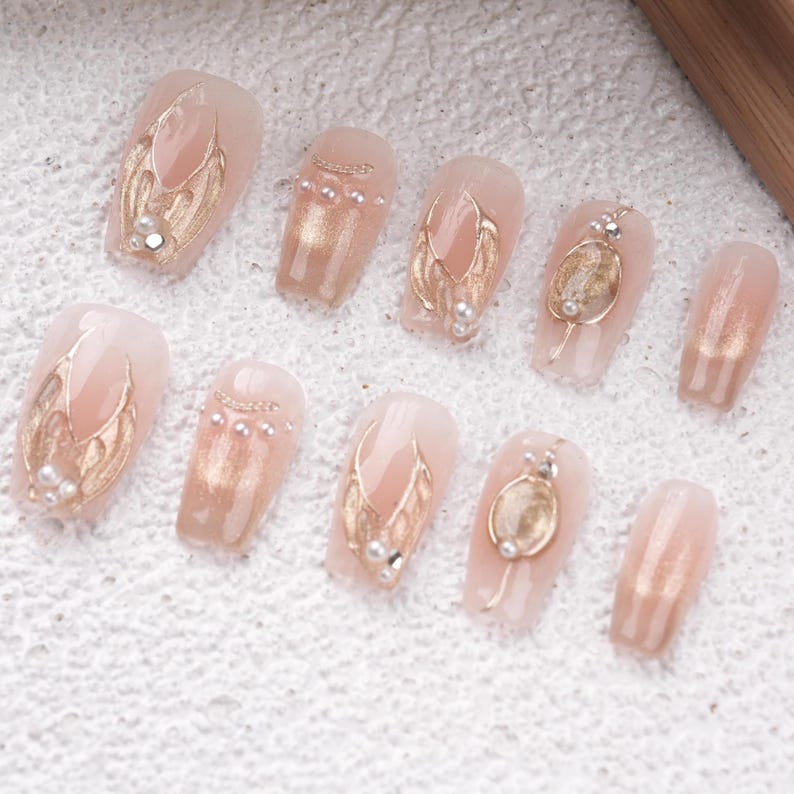 Pearl & Gold Accent Nails Set,Elegant Bridal Nails,Short Coffin Nails,Trendy Elegant Classy Prom Nail