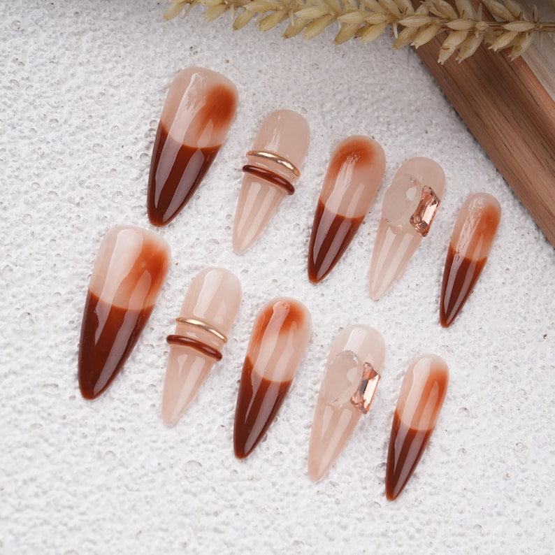 Luxury Crystal Diamond Long Stiletto Press On Nails, Custom Handpainted Pink Acrylic Fake Nails