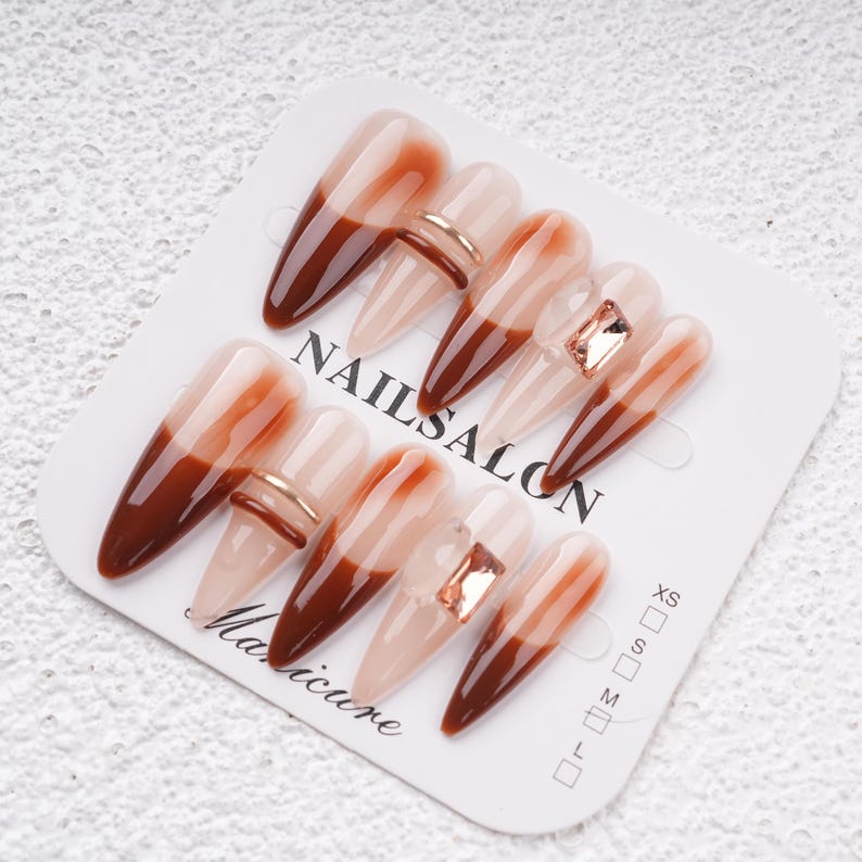 Luxury Crystal Diamond Long Stiletto Press On Nails, Custom Handpainted Pink Acrylic Fake Nails