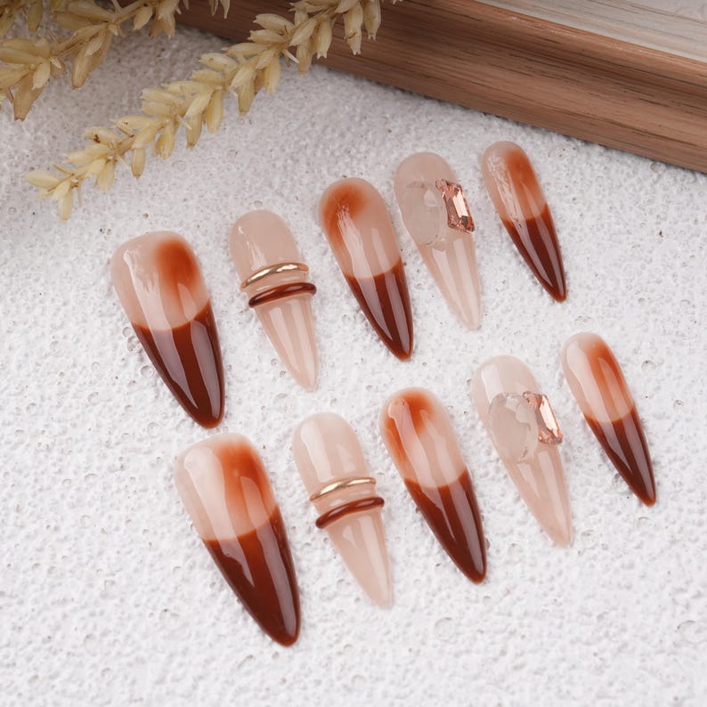 Luxury Crystal Diamond Long Stiletto Press On Nails, Custom Handpainted Pink Acrylic Fake Nails
