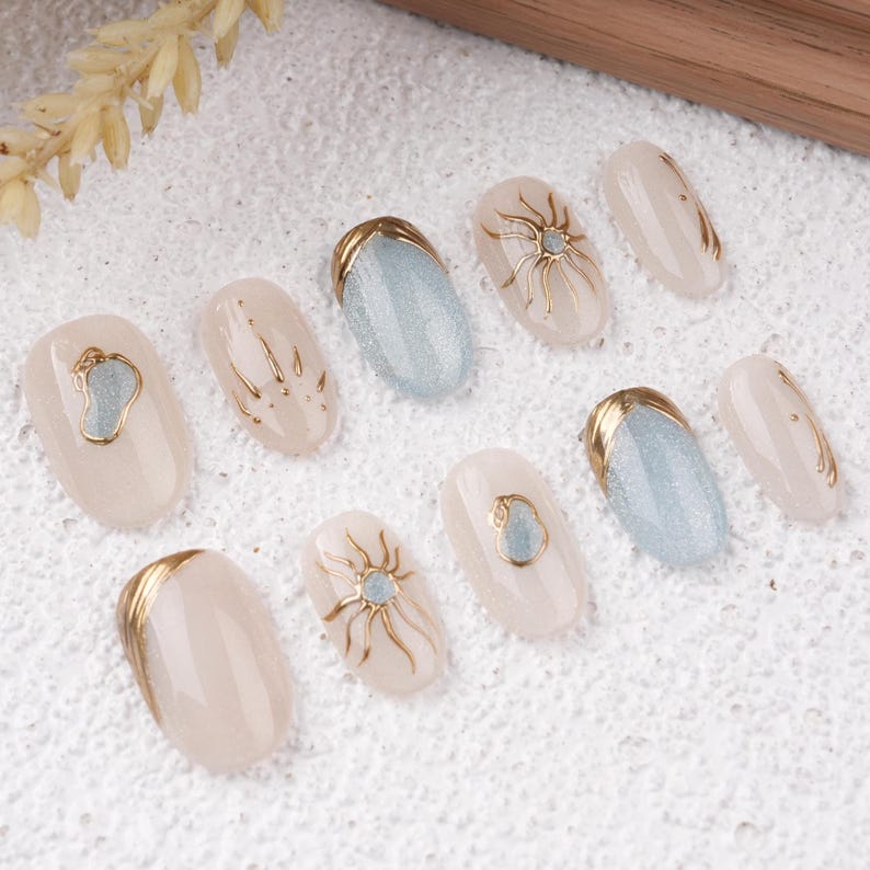 Handpainted Metal Glitter Sun Flowers Almond Press on nails