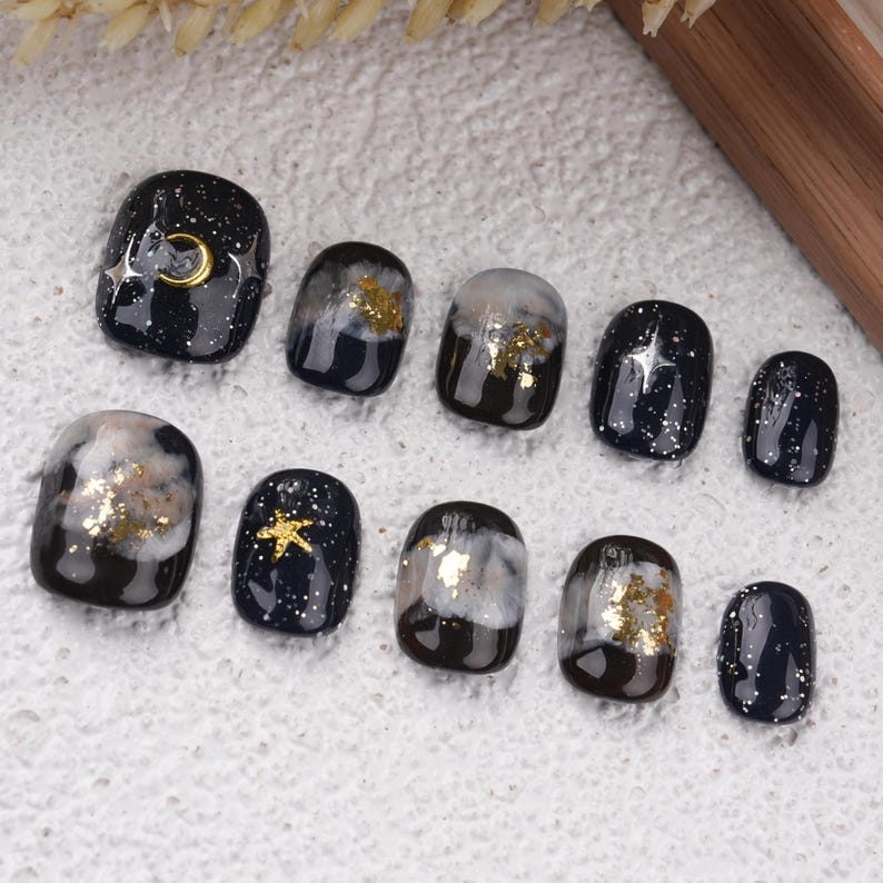 Black Marble Smudge Short Press on nails,Stars & Moons Fake Nails,Birthday Gifts