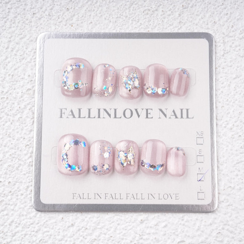 Dreamy Purple Butterfly Short Nails Set,Handmade Glitter Moon,Silver Chrams