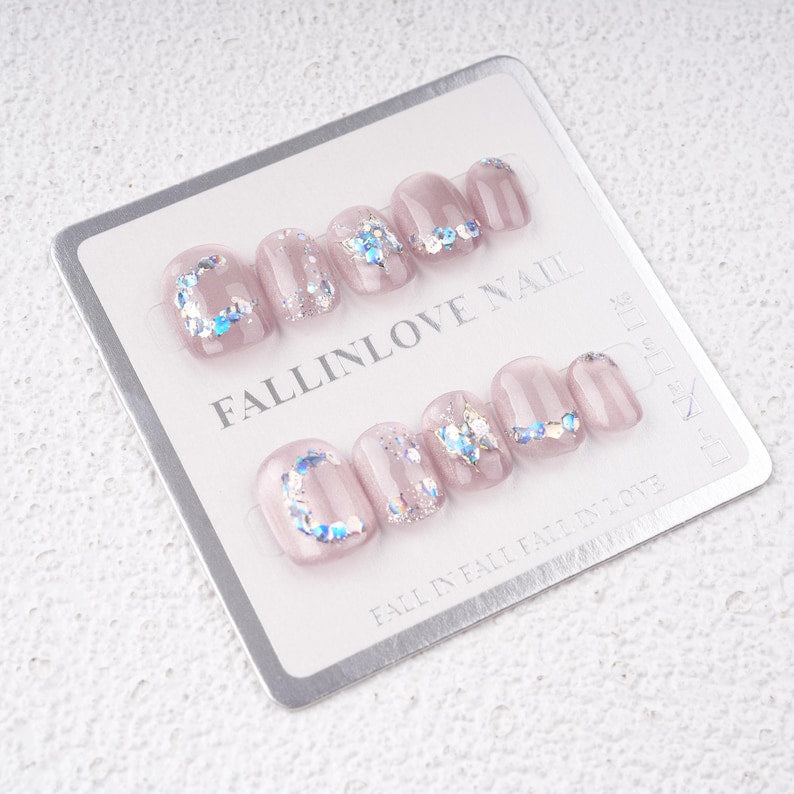 Dreamy Purple Butterfly Short Nails Set,Handmade Glitter Moon,Silver Chrams