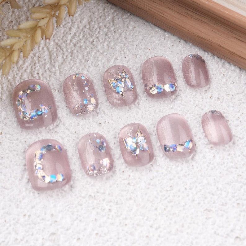 Dreamy Purple Butterfly Short Nails Set,Handmade Glitter Moon,Silver Chrams