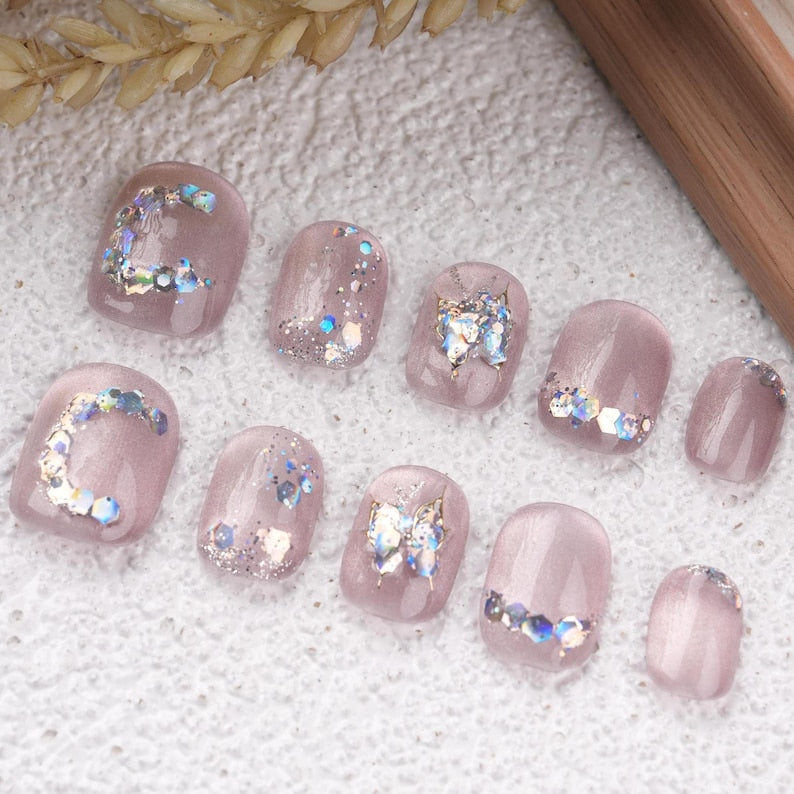 Dreamy Purple Butterfly Short Nails Set,Handmade Glitter Moon,Silver Chrams