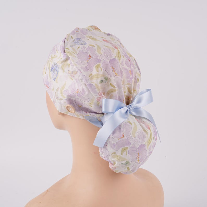 Watercolor Flower Bufferflies Ponytail Scrub Cap Sweatband & Buttons Lt.Purple Women Surgical Cap Dr Nurse Medical Hat Handmade