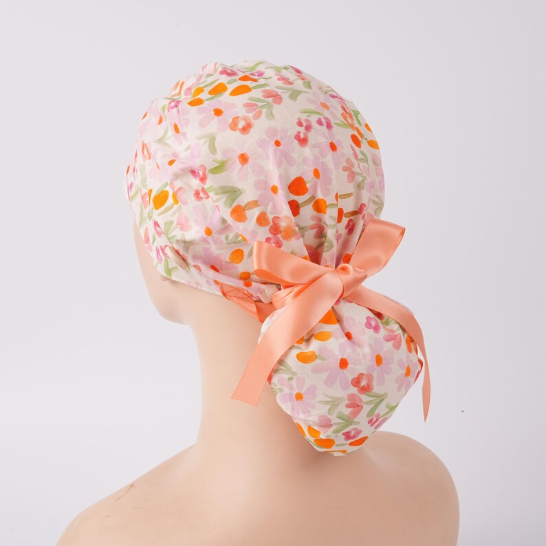 Orange Watercolor Flowers Scrub Cap Peachy Ribbon Ties Sweatband & Buttons Surgical Hat Women Ponytail Scrub Cap Brightly Fall