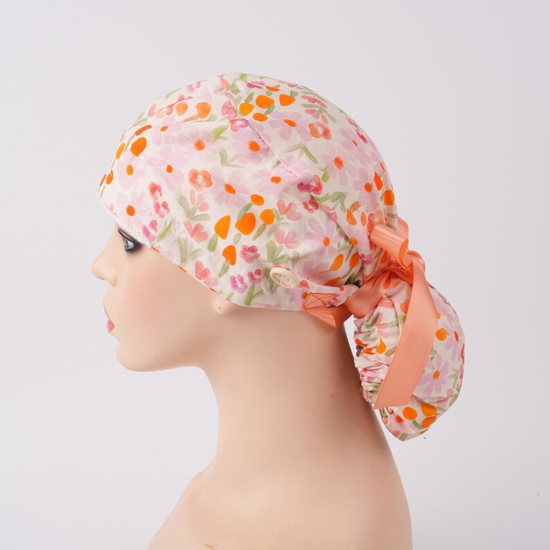 Orange Watercolor Flowers Scrub Cap Peachy Ribbon Ties Sweatband & Buttons Surgical Hat Women Ponytail Scrub Cap Brightly Fall