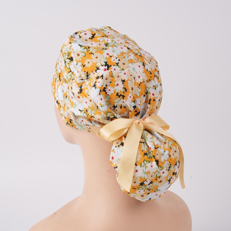 Yellow Blooming Flowers Scrub Cap Women Ponytail Cap with Sweatband & Buttons OR Surgical Hat Healthcare