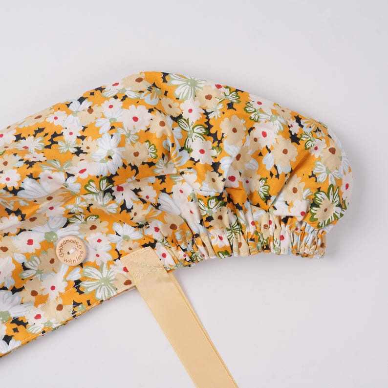 Yellow Blooming Flowers Scrub Cap Women Ponytail Cap with Sweatband & Buttons OR Surgical Hat Healthcare