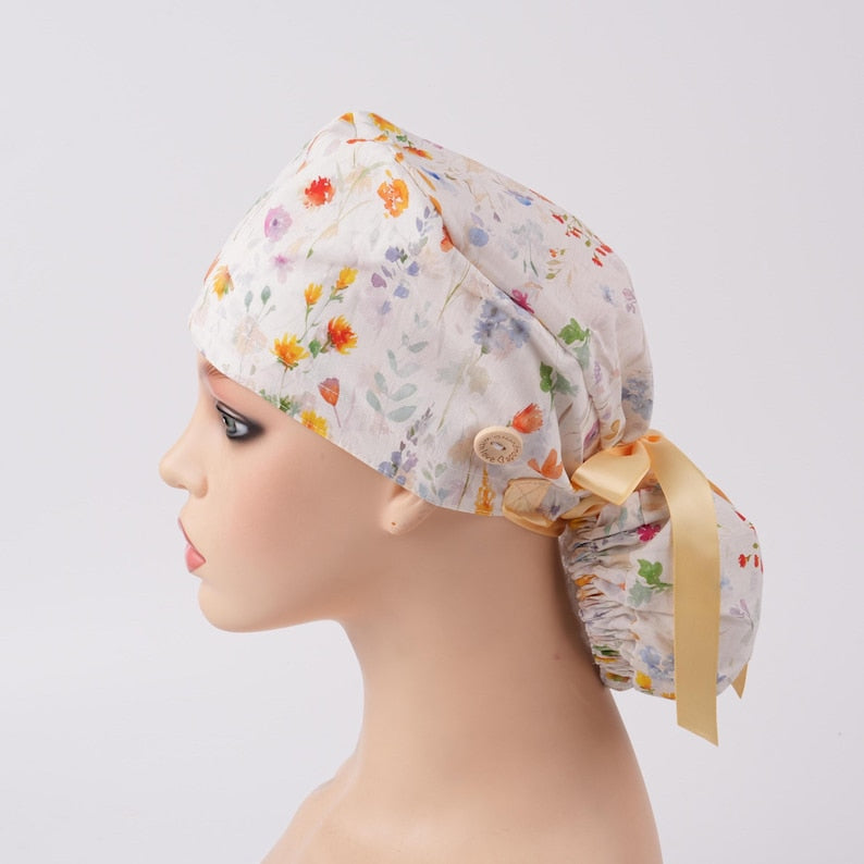 Watercolor Wildflowers Ponytail Scrub Cap, Surgical Hat with Buttons & Sweat Band, Women OR Hat, Autumn Scrub Cap