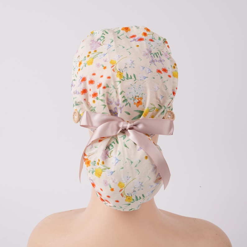 Beige Botanical Floral Surgical Hat, Women Ponytail Cap with Sweatband & Buttons, Cotton Scrub Cap, OR Hat, Multipurpose,Fall