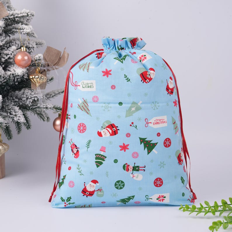 Light Blue Christmas Drawstring Gift Bag,Santa,Snow,Holly Print,Double-layer Fabric Storage Bag