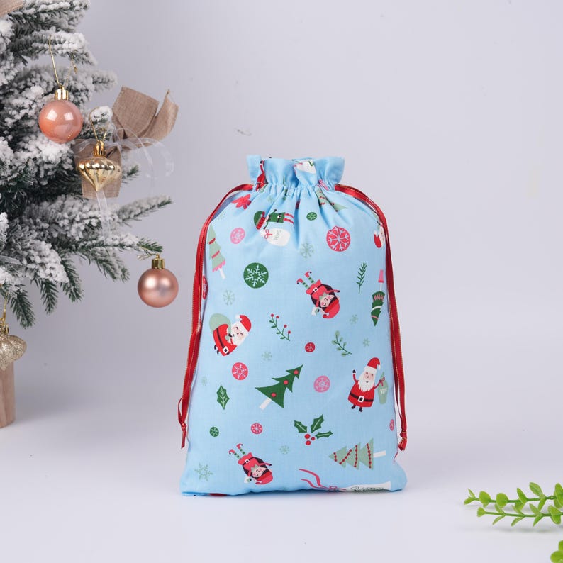 Light Blue Christmas Drawstring Gift Bag,Santa,Snow,Holly Print,Double-layer Fabric Storage Bag
