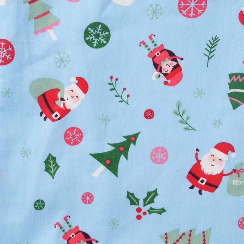Light Blue Christmas Drawstring Gift Bag,Santa,Snow,Holly Print,Double-layer Fabric Storage Bag