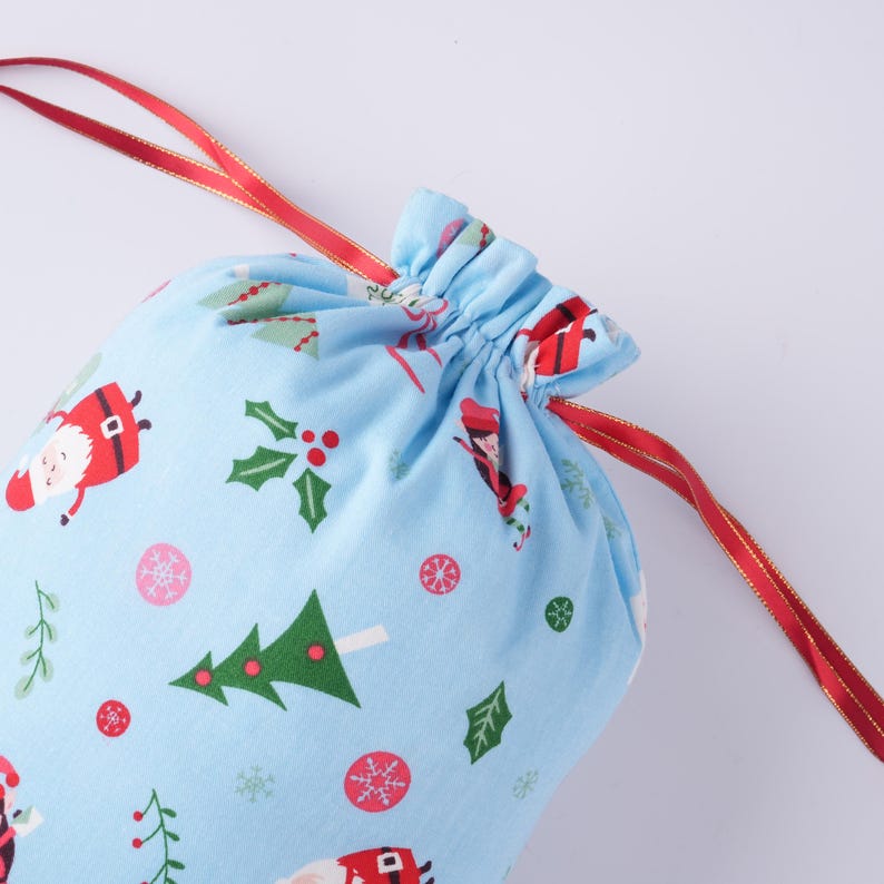 Light Blue Christmas Drawstring Gift Bag,Santa,Snow,Holly Print,Double-layer Fabric Storage Bag